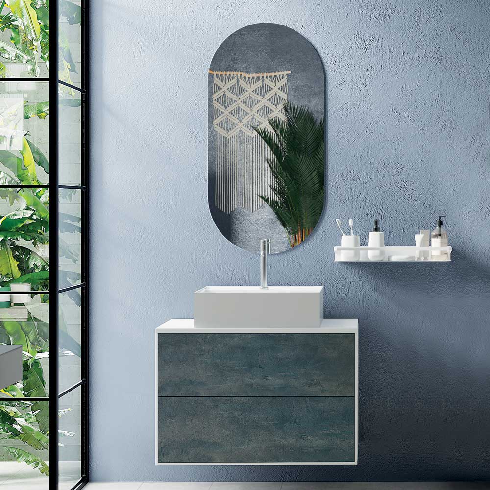 Composizione Bagno con Specchio Ovale, Lavabo in Ceramica e Base Antigraffio