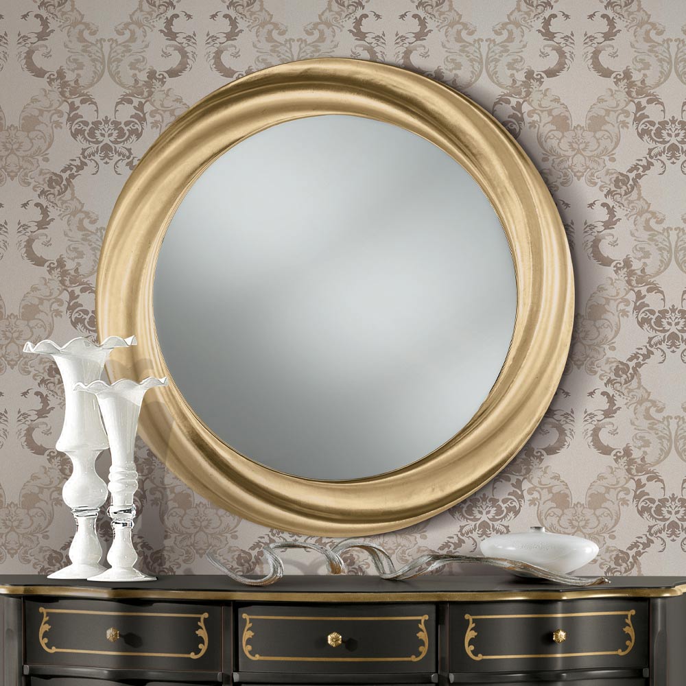 Specchio Rotondo con Cornice in Legno Foglia Oro di Lusso