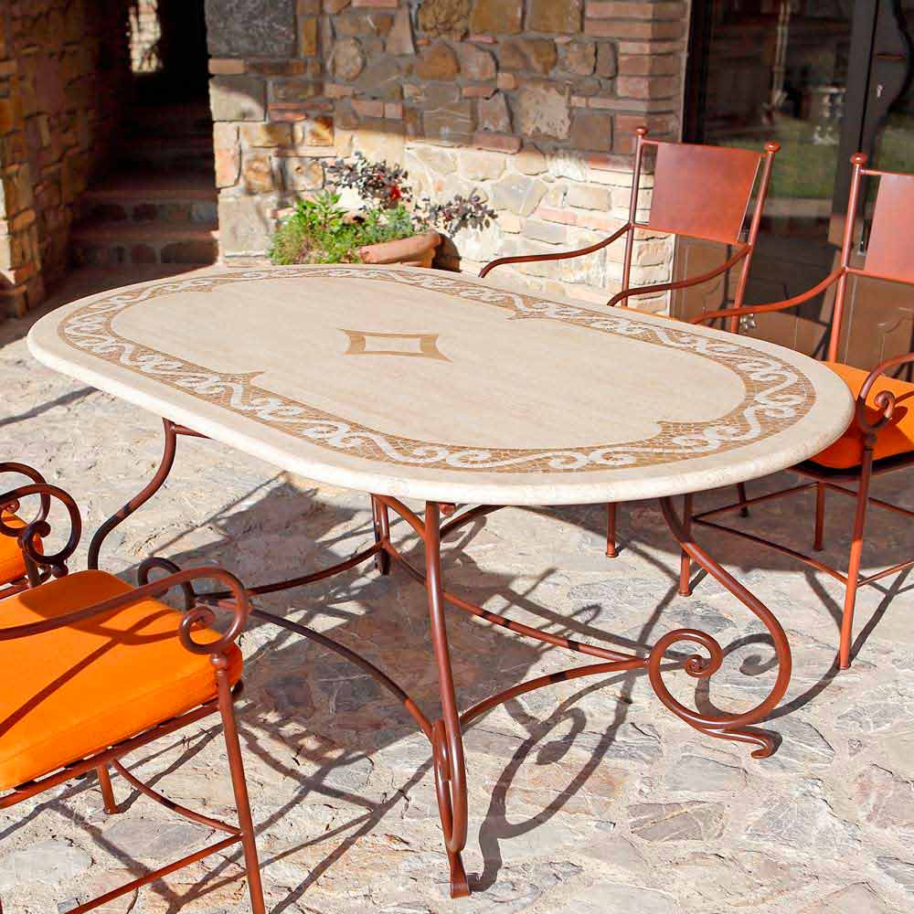 Tavolo da Esterno in Travertino con Inserti in Mosaico Made in Italy -  Signorile