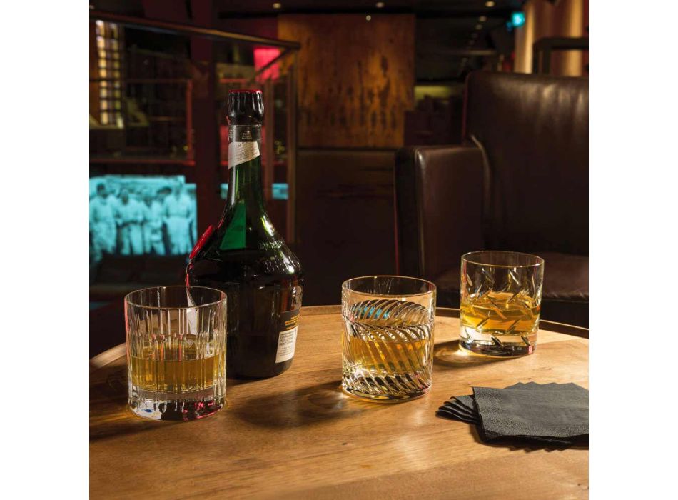 12 Bicchieri Whisky o Acqua in Cristallo con Decoro Lineare di Lusso - Aritmia Viadurini
