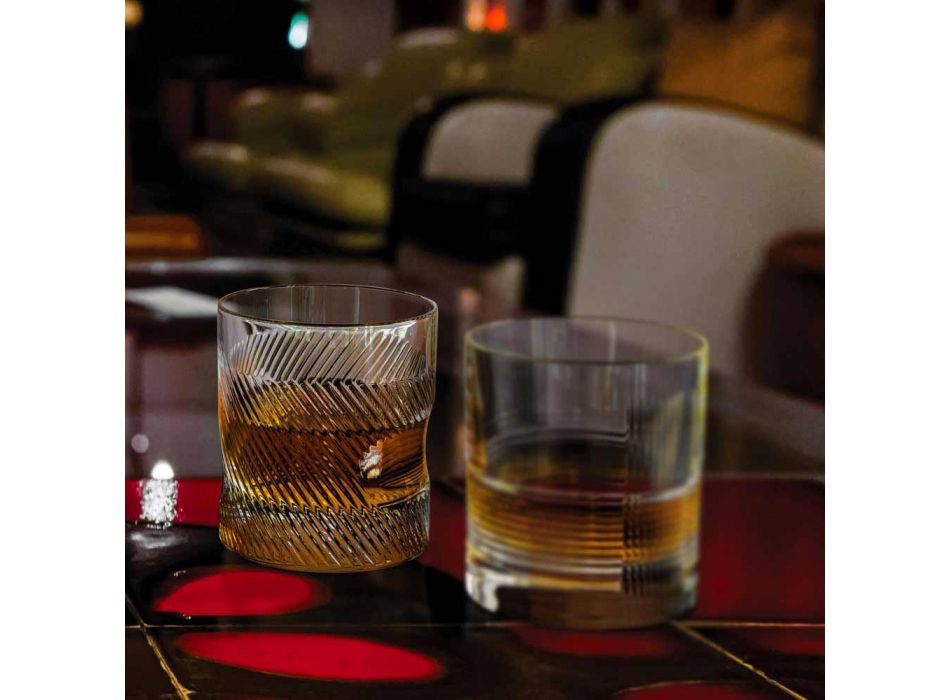 12 Bicchieri Whisky o Acqua in Cristallo Eco Decorato Design Vintage - Tattile