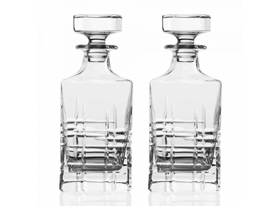 2 Bottiglie per Whisky con Tappo Design Quadrato Decorato in Cristallo - Aritmia Viadurini