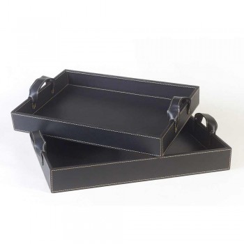 2 vassoi di design in cuoio nero 41x28x5cm e 45x32x6cm Anastasia