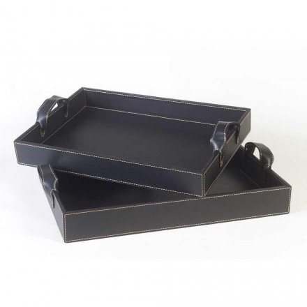2 vassoi di design in cuoio nero 41x28x5cm e 45x32x6cm Anastasia Viadurini