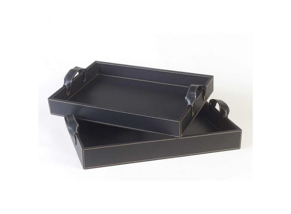 2 vassoi di design in cuoio nero 41x28x5cm e 45x32x6cm Anastasia