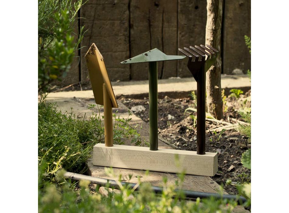 3 Attrezzi per Giardinaggio in Metallo con Base in Legno Made in Italy - Garden