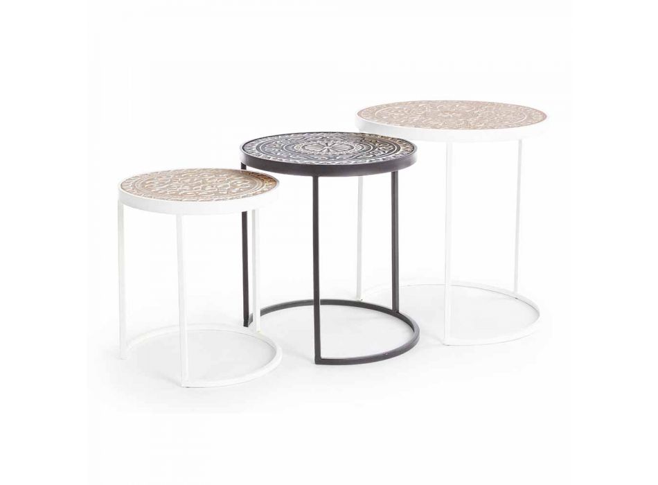 3 Tavolini da Salotto in Mdf con Decorazioni Intarsiate Homemotion - Mariam Viadurini
