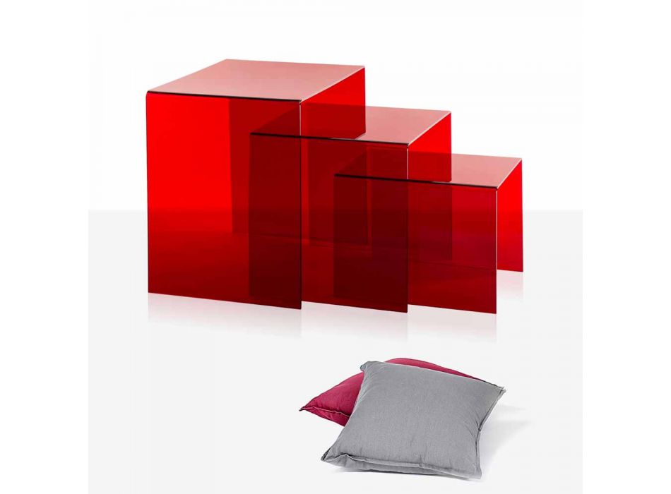 3 tavolini sovrapponibili rossi Amalia, design moderno, made in Italy