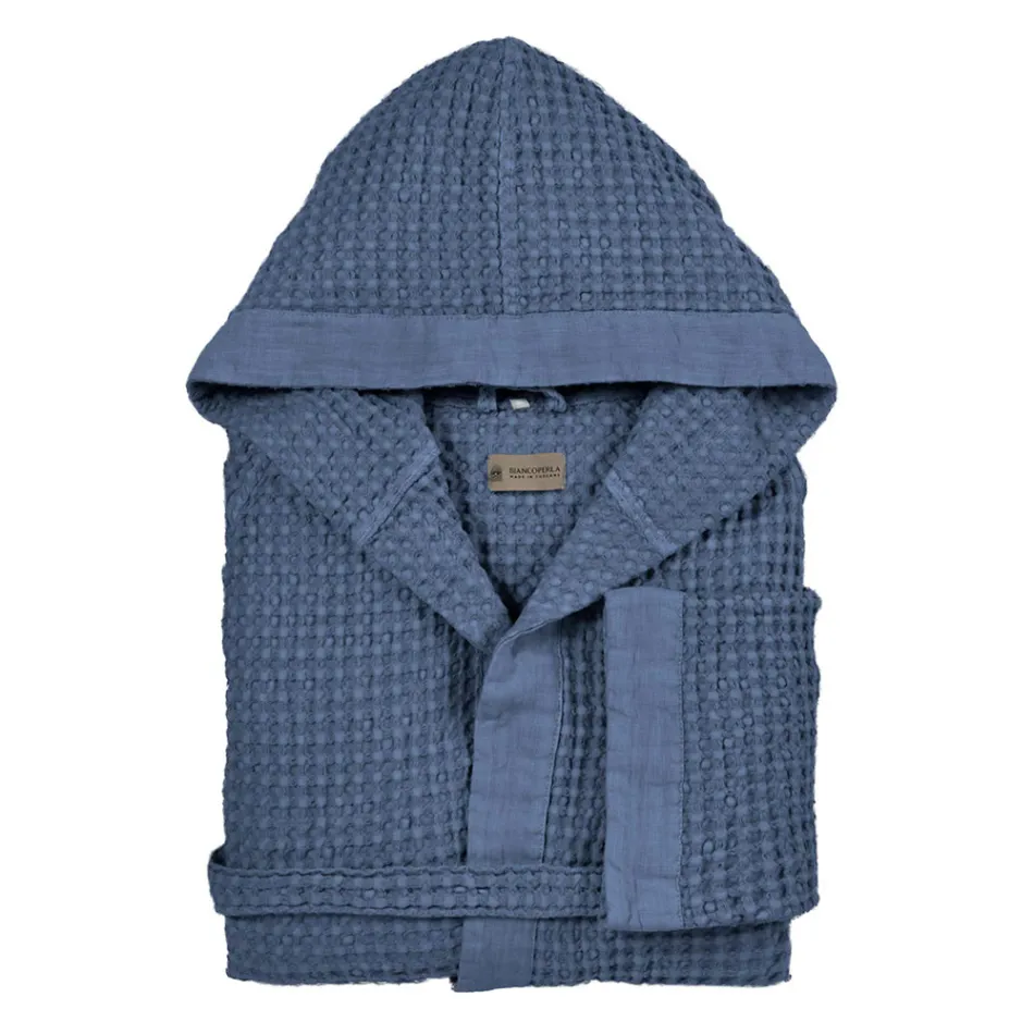 Accappatoio con Cappuccio in Nido D'Ape di Cotone con Balza di Lino - Plush Viadurini