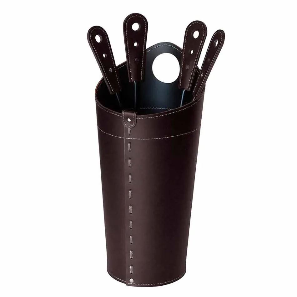 Accessori per camino con portaferri in cuoio Nilar, design moderno Viadurini