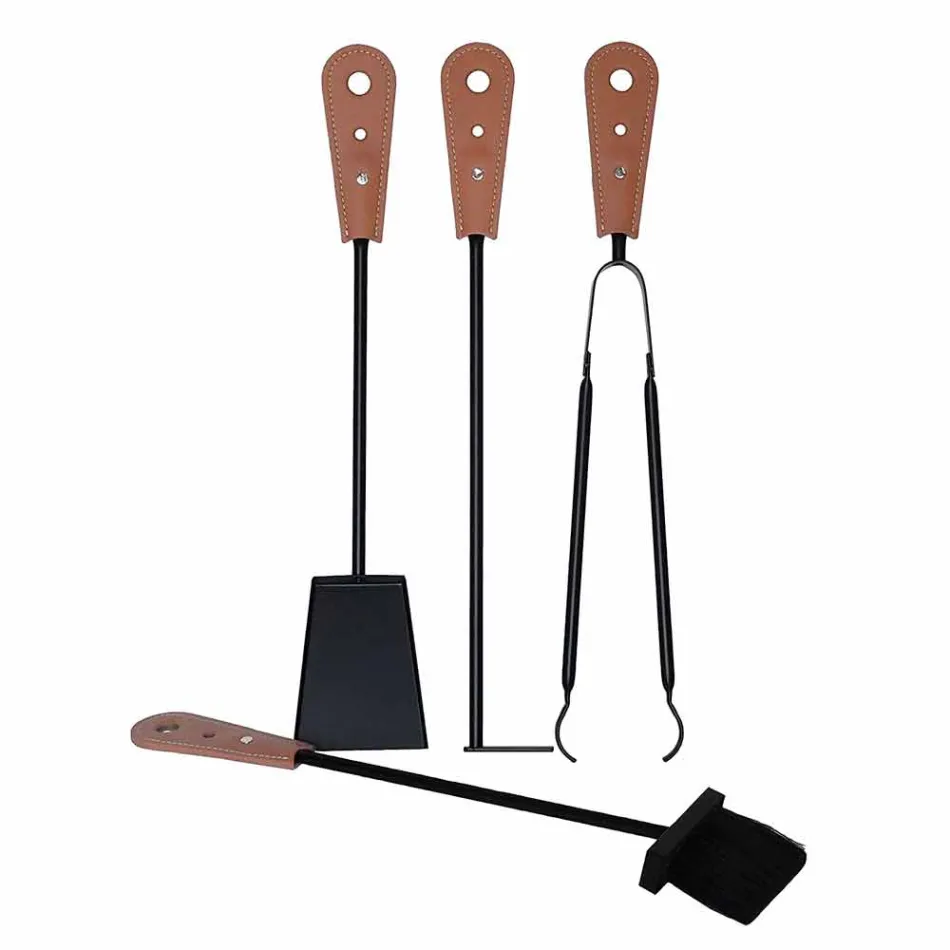 Accessori per camino con portaferri in cuoio Nilar, design moderno Viadurini