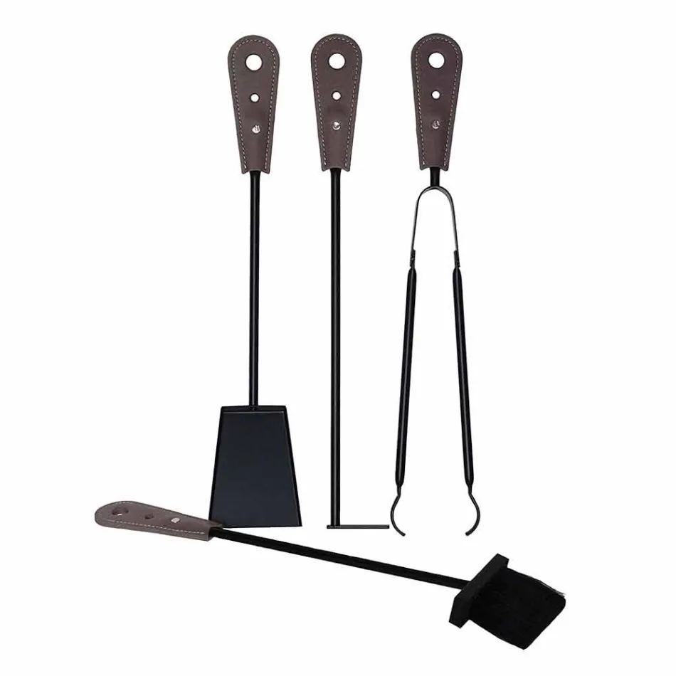 Accessori per camino con portaferri in cuoio Nilar, design moderno Viadurini