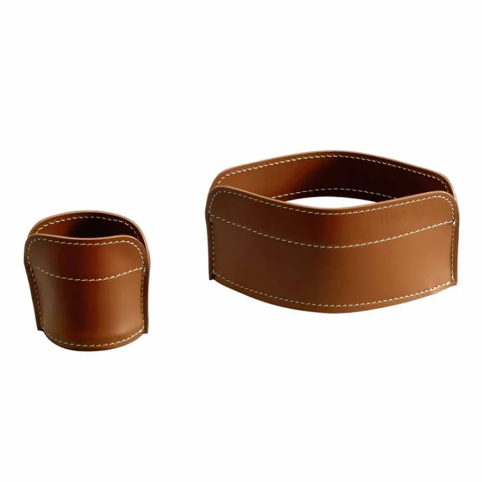 Accessori per Scrivania in Cuoio Rigenerato da 5 Pezzi Made in Italy - Ebe Viadurini