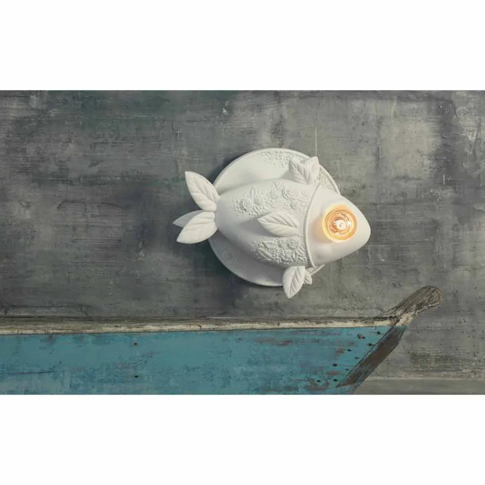 Applique a Parete in Ceramica Bianca Opaca Design a Pesce Decorato - Pesce Viadurini