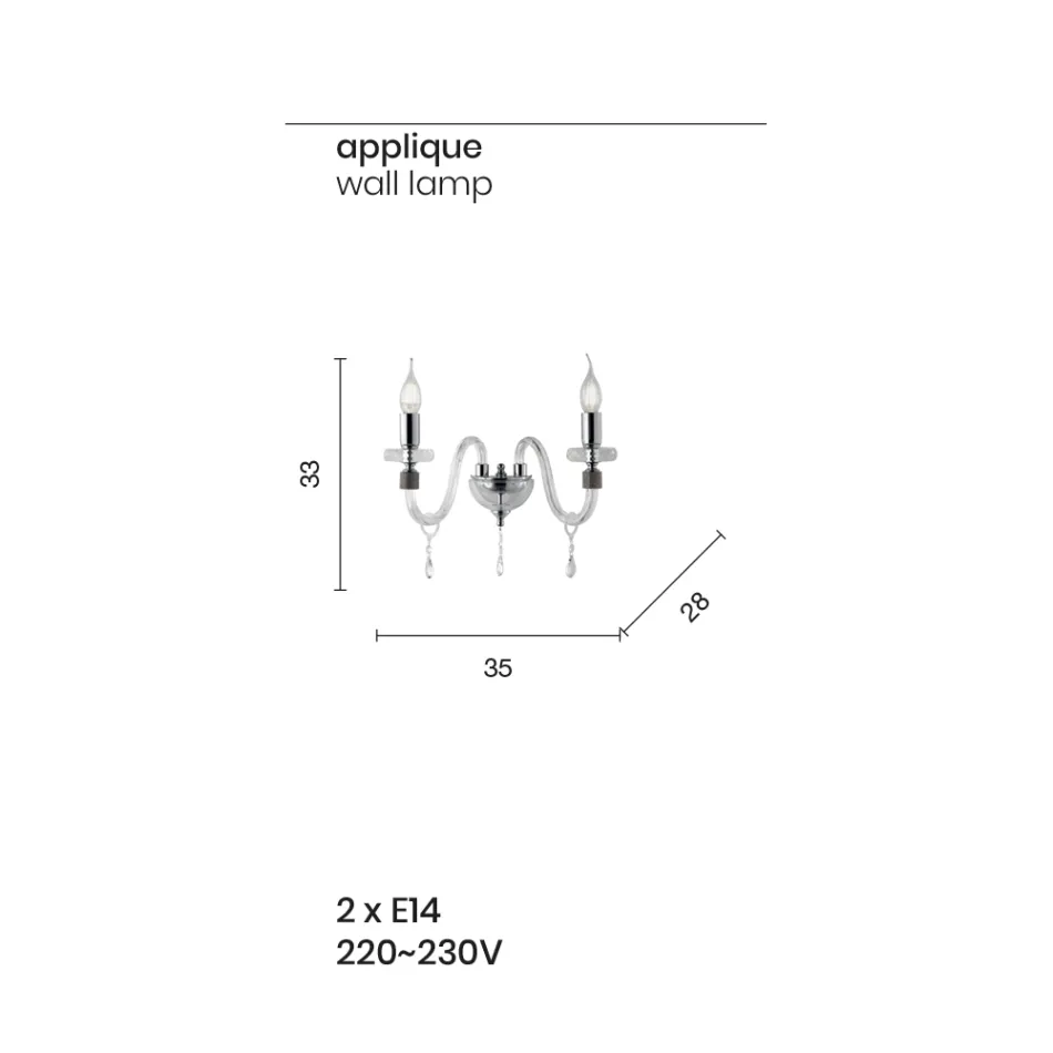 Applique Design Classico a 2 Luci in Vetro Lavorato a Mano Cromo - Similo Viadurini