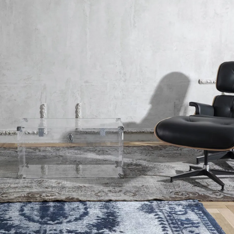 Baule Design in Cristallo Acrilico Trasparente e Acciaio Moderno - Dante Viadurini
