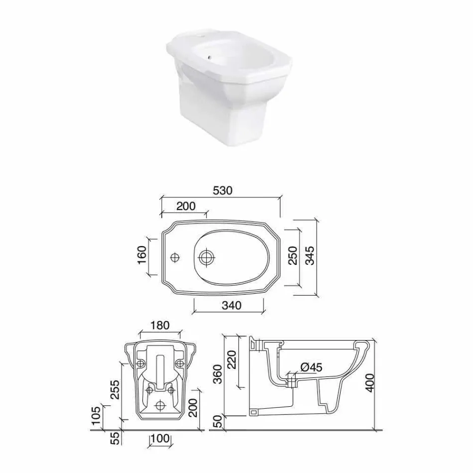 Bidet a Sospensione in Ceramica Bianca Stile Classico, Made in Italy - Nausica Viadurini