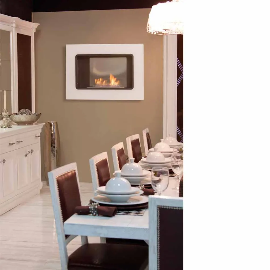 Biocamino A Parete Bianco dal Design Moderno con Inserto in Vetro Erica Viadurini