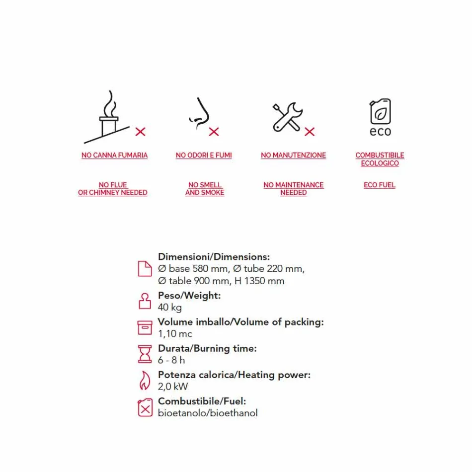 Biocamino da esterno a bioetanolo con piano in vetro Dean-Table Viadurini