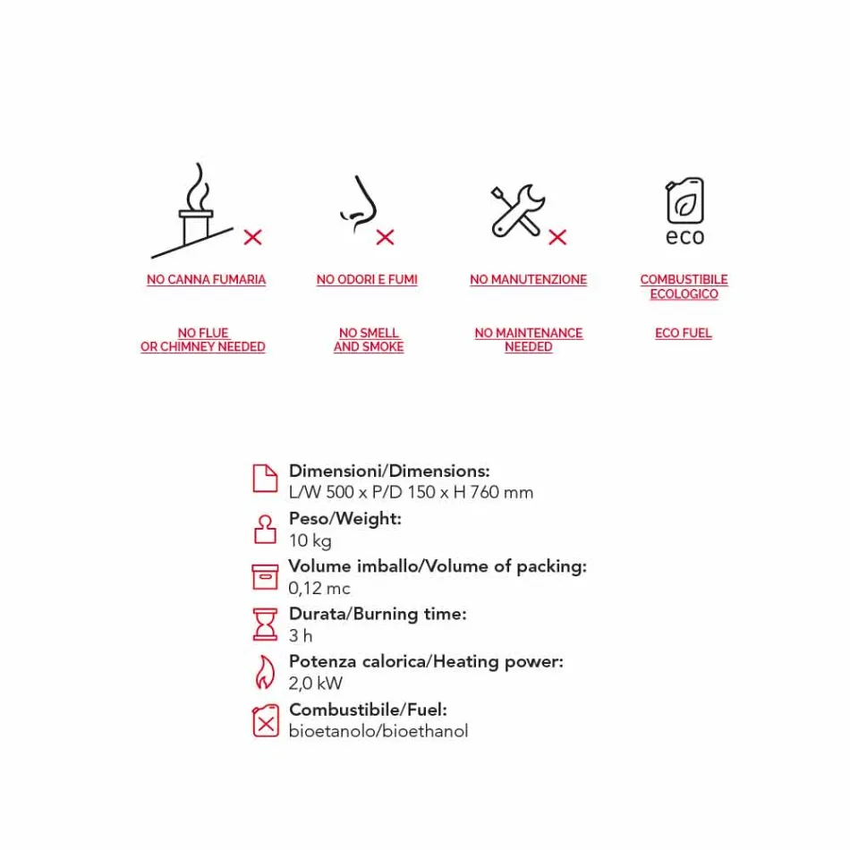 Biocamino da parete moderno a bioetanolo a forma di fiamma Joseph Viadurini