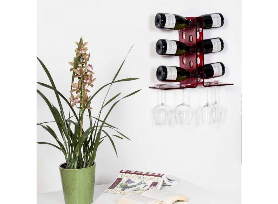 Cantinetta porta bottiglie da parete rosso Luna, design moderno 
