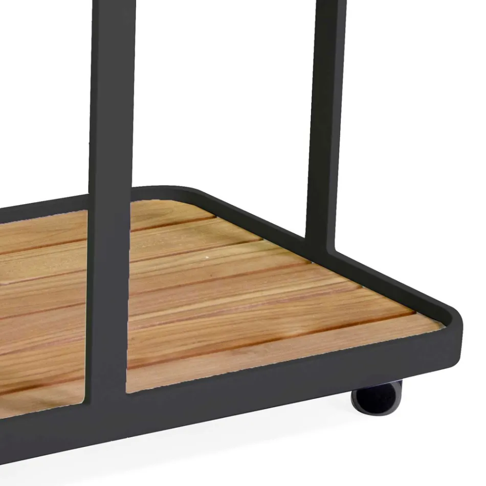 Carrello in Alluminio di Diverse Finiture con Ruote e Piano in Teak - Tenda Viadurini