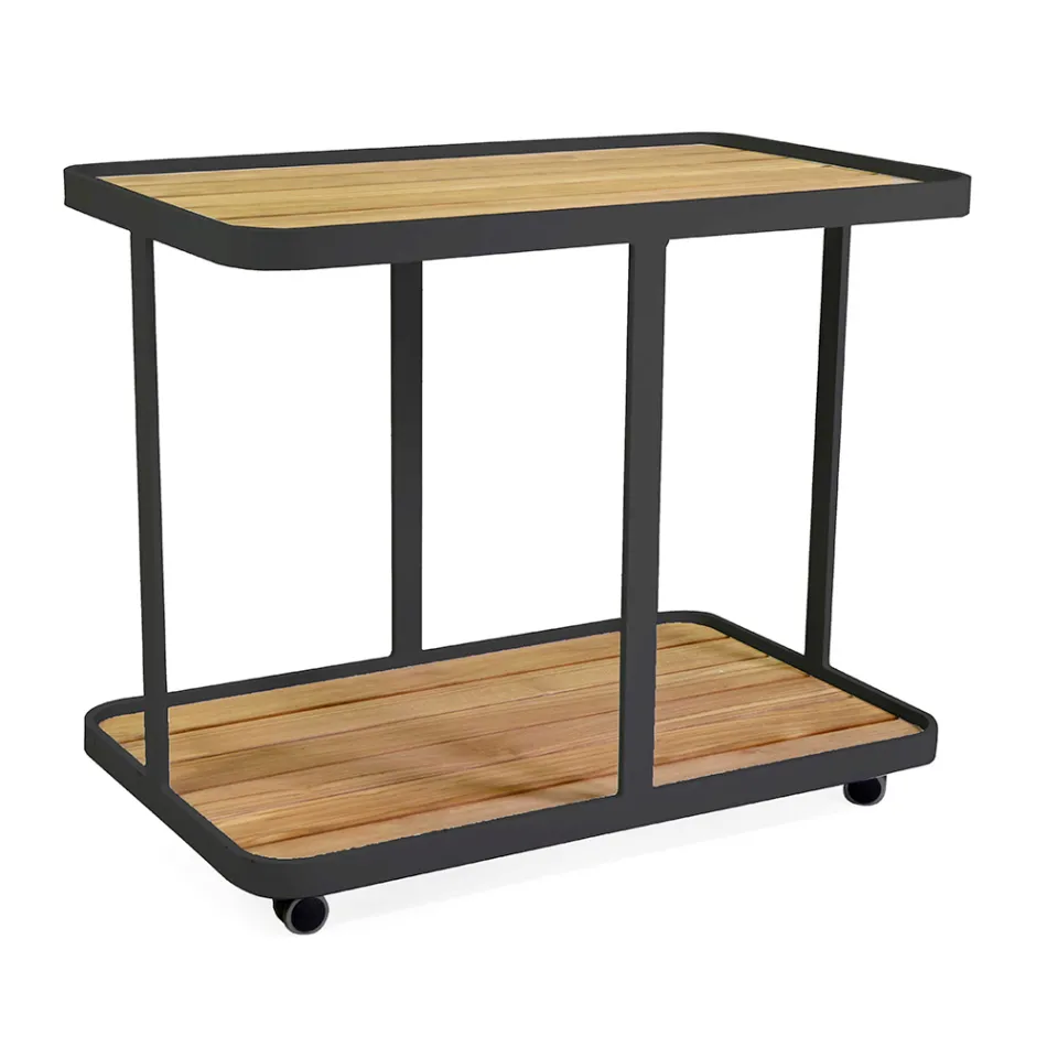Carrello in Alluminio di Diverse Finiture con Ruote e Piano in Teak - Tenda Viadurini