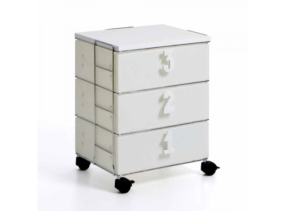 Cassettiera 3 cassetti con maniglie numeriche e rotelle bianca Yodi  Viadurini