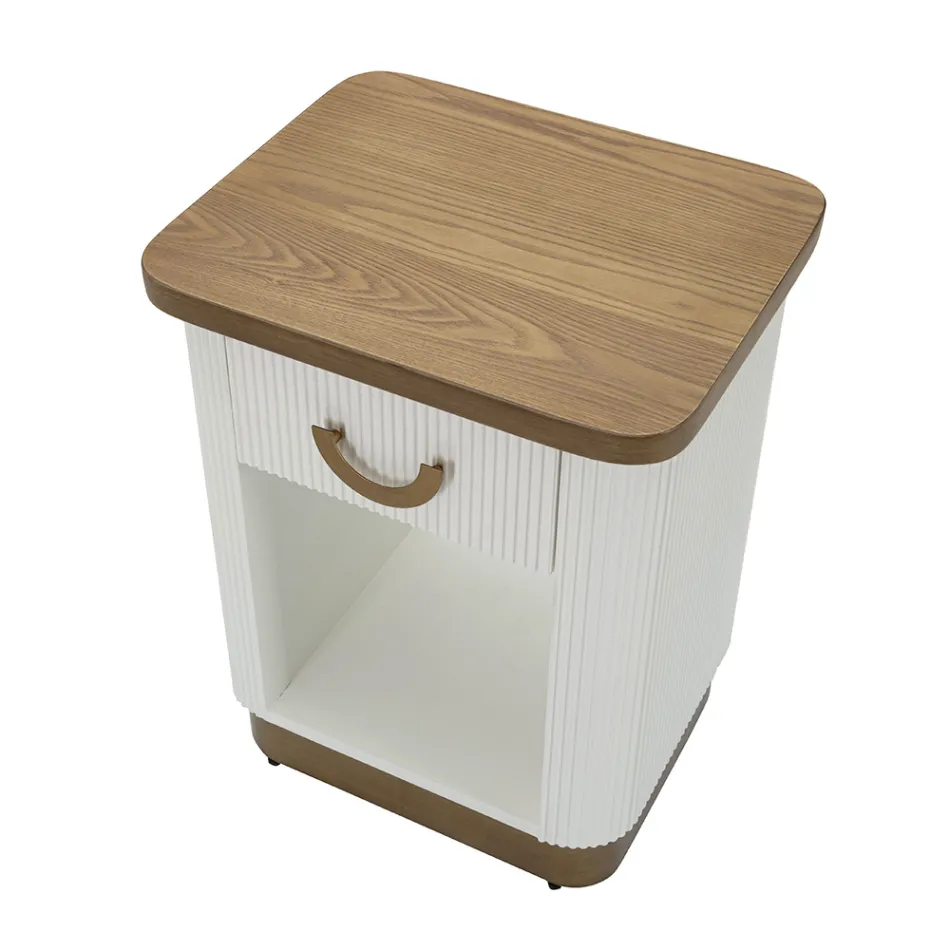 Comodino in Legno Decorato con Linee in Rilievo con Cassetto e Ripiano - Rachel Viadurini