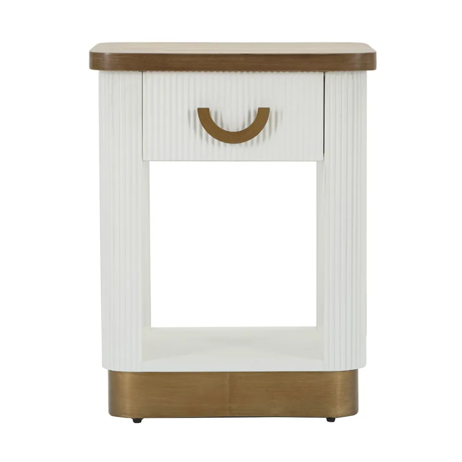 Comodino in Legno Decorato con Linee in Rilievo con Cassetto e Ripiano - Rachel Viadurini