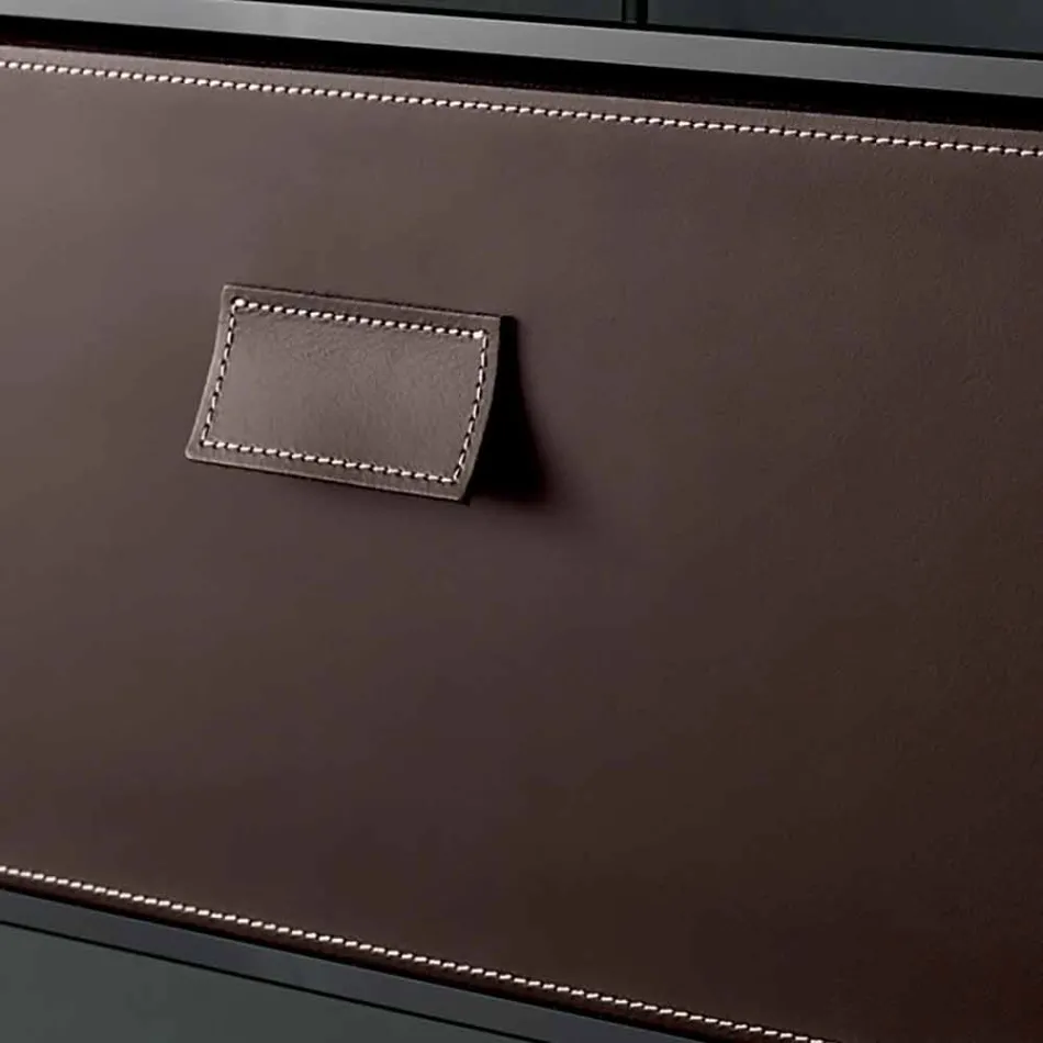 Comodino Tavolino in Vetro Fumè con Cassetto in Cuoio 2 Dimensioni - Linzy Viadurini