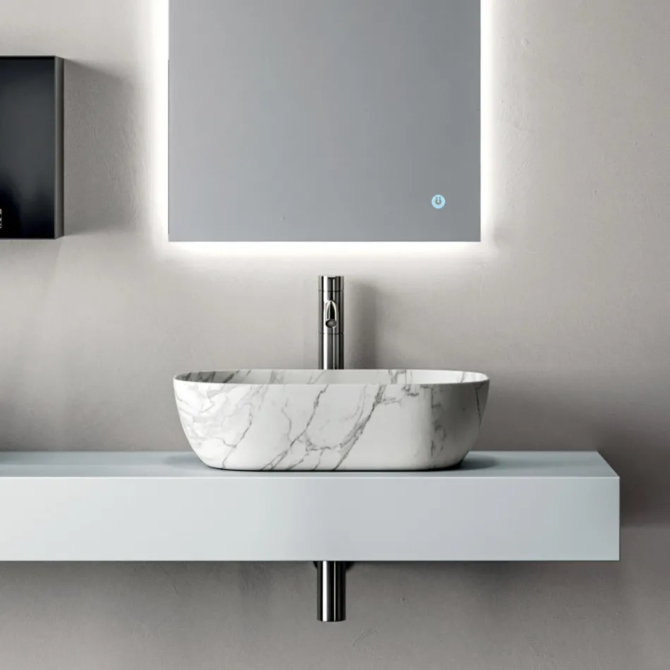 Composizione Bagno Composta da Mensola con Lavabo, Pensili e Specchio - Velaria Viadurini