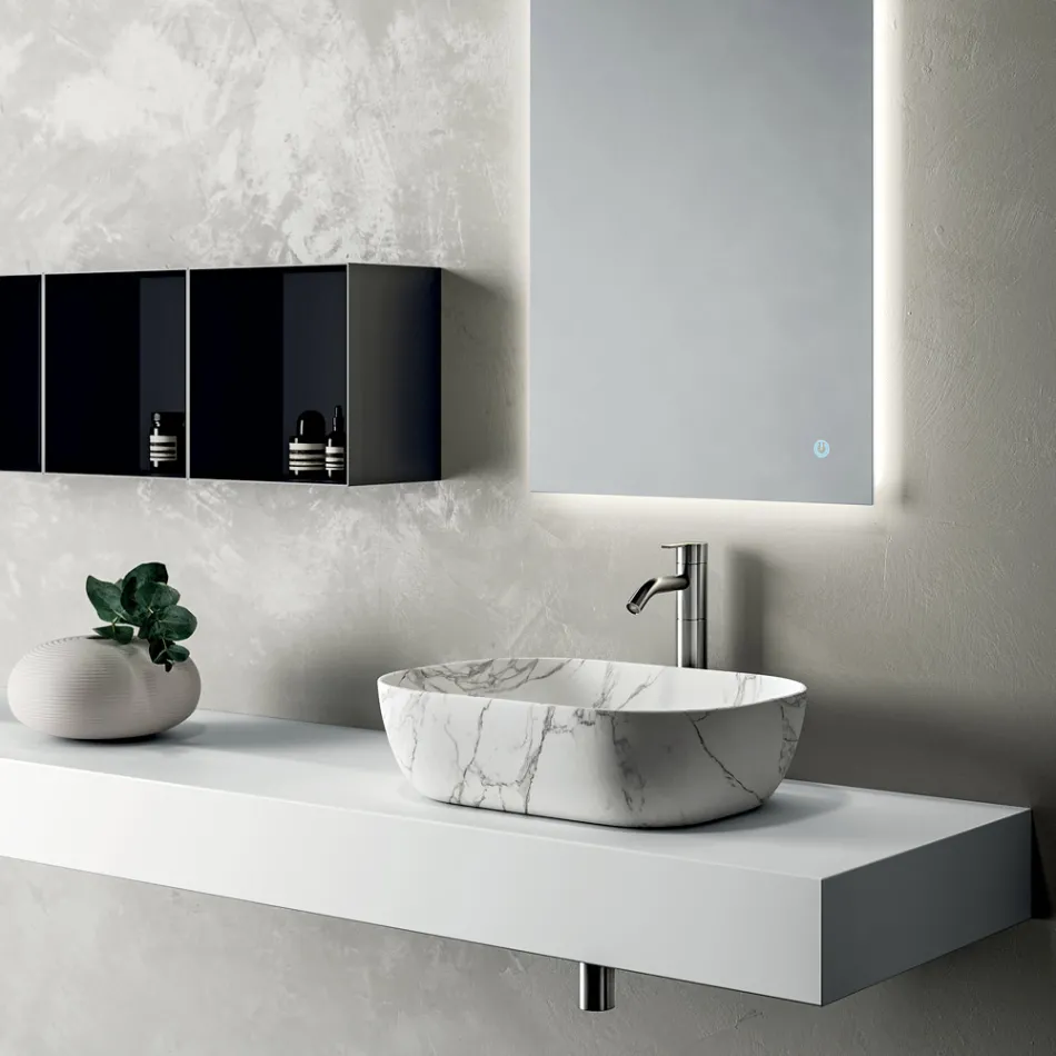 Composizione Bagno Composta da Mensola con Lavabo, Pensili e Specchio - Velaria Viadurini