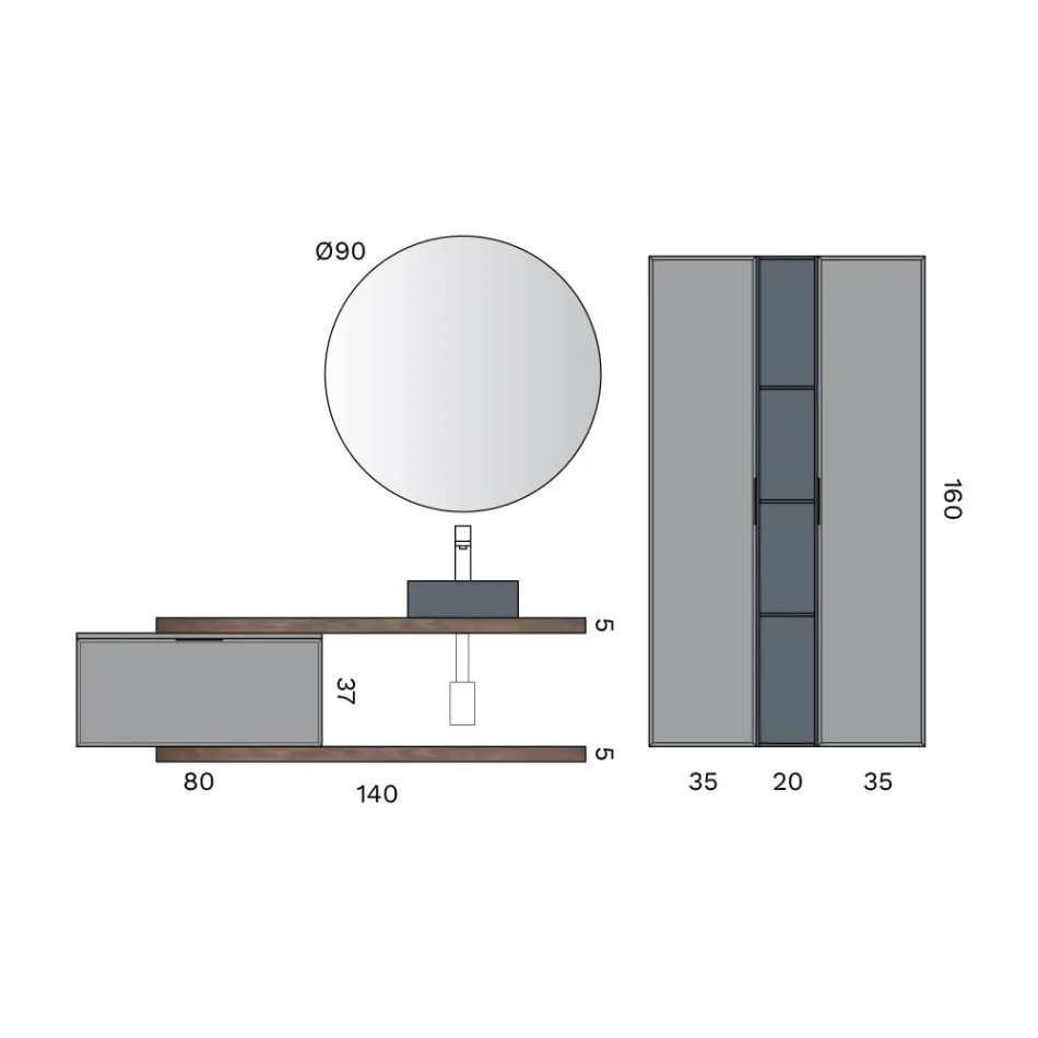 Composizione Bagno Comprensiva di 1 Base con 1 Cassetto, Lavabo e 2 Colonne - Orione Viadurini