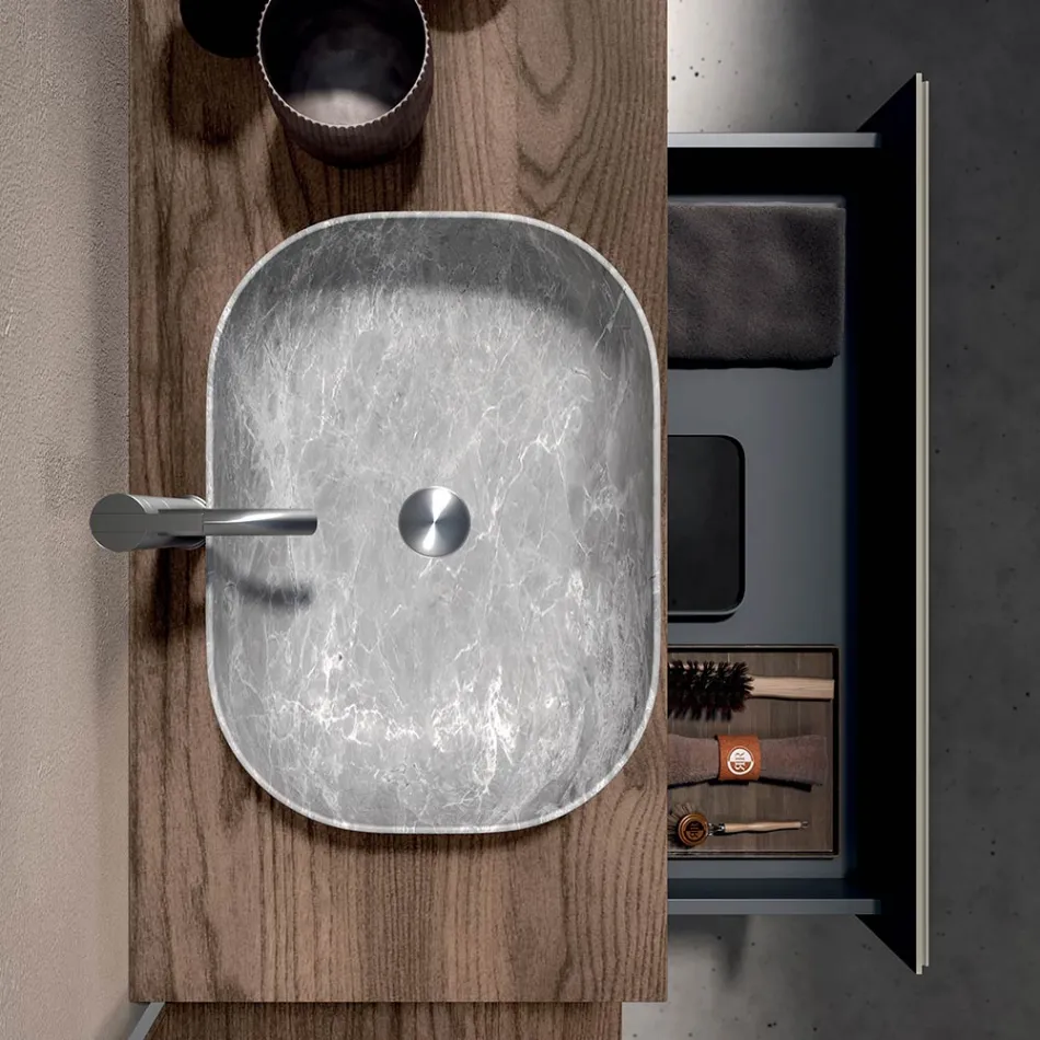 Composizione Bagno con 1 Cassetto, 2 Mensole in Quercia, Lavabo e Specchio - Titan Viadurini