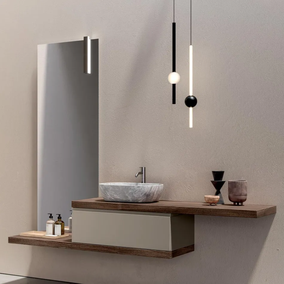 Composizione Bagno con 1 Cassetto, 2 Mensole in Quercia, Lavabo e Specchio - Titan Viadurini