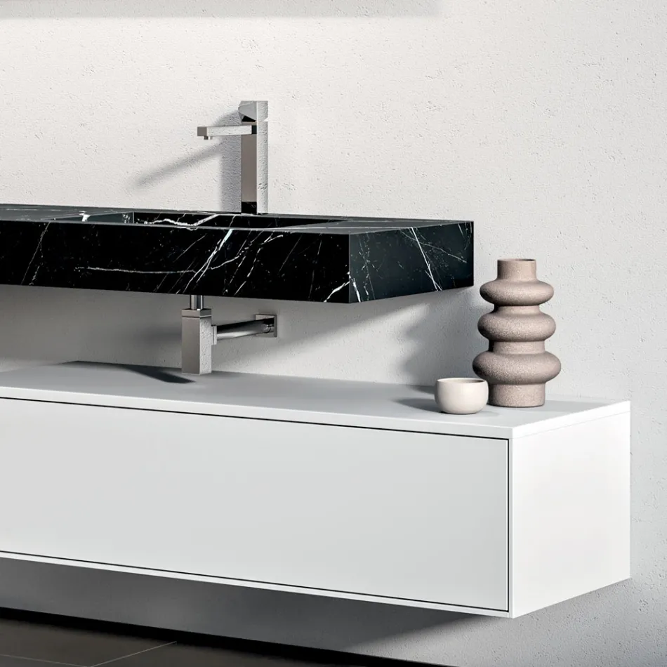 Composizione Bagno con 1 Cassetto Bianco, Specchio e Mensola Hpl Marquina - Velaria Viadurini