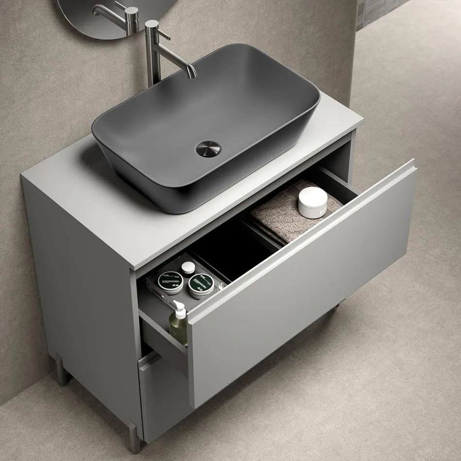 Composizione Bagno con 1 Cassetto, Lavabo in Resina Antracite e Specchio - Titan Viadurini