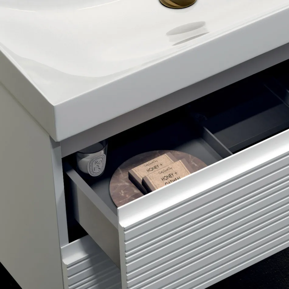 Composizione Bagno con 2 Cassetti Bianco Opaco, Lavabo e Specchio - Elios Viadurini