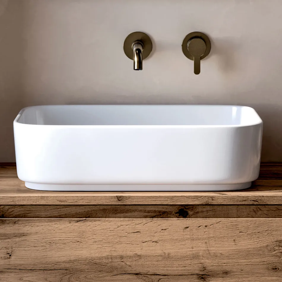 Composizione Bagno con 2 Cassetti in Quercia, Lavabo in Ceramica e Specchio - Titan Viadurini