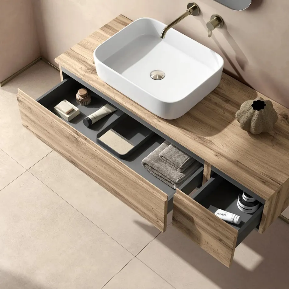 Composizione Bagno con 2 Cassetti in Quercia, Lavabo in Ceramica e Specchio - Titan Viadurini
