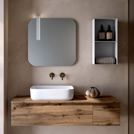 Composizione Bagno con 2 Cassetti in Quercia, Lavabo in Ceramica e Specchio - Titan Viadurini