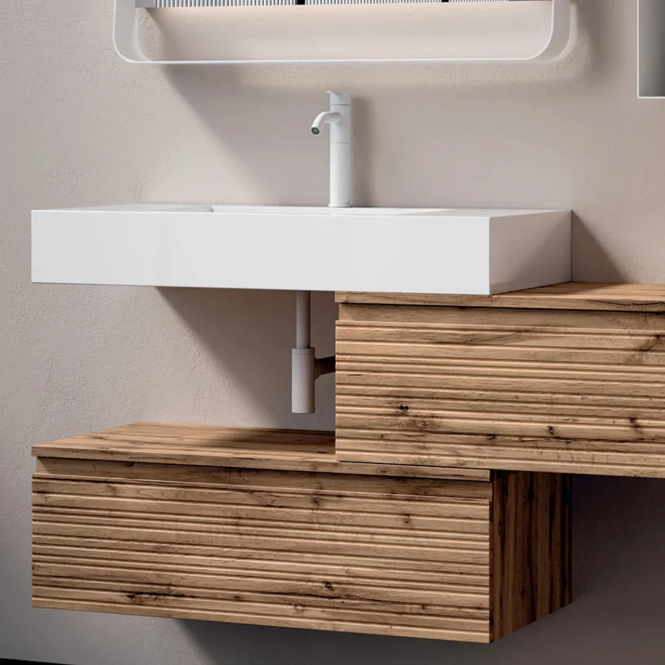 Composizione Bagno con 2 Cassetti, Lavabo Bianco, Specchio e Pensile - Elios Viadurini