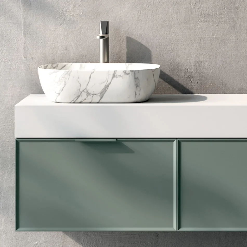 Composizione Bagno con 2 Cassetti, Lavabo in Ceramica Calacatta e Specchio - Orione Viadurini