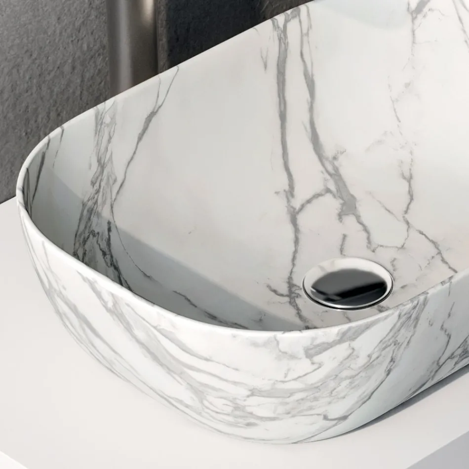 Composizione Bagno con 2 Cassetti, Lavabo in Ceramica Calacatta e Specchio - Orione Viadurini