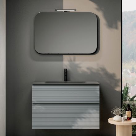 Composizione Bagno con 2 Cassetti, Lavabo in Vetro Grigio e Specchio - Elios Viadurini