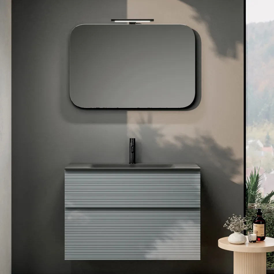 Composizione Bagno con 2 Cassetti, Lavabo in Vetro Grigio e Specchio - Elios Viadurini