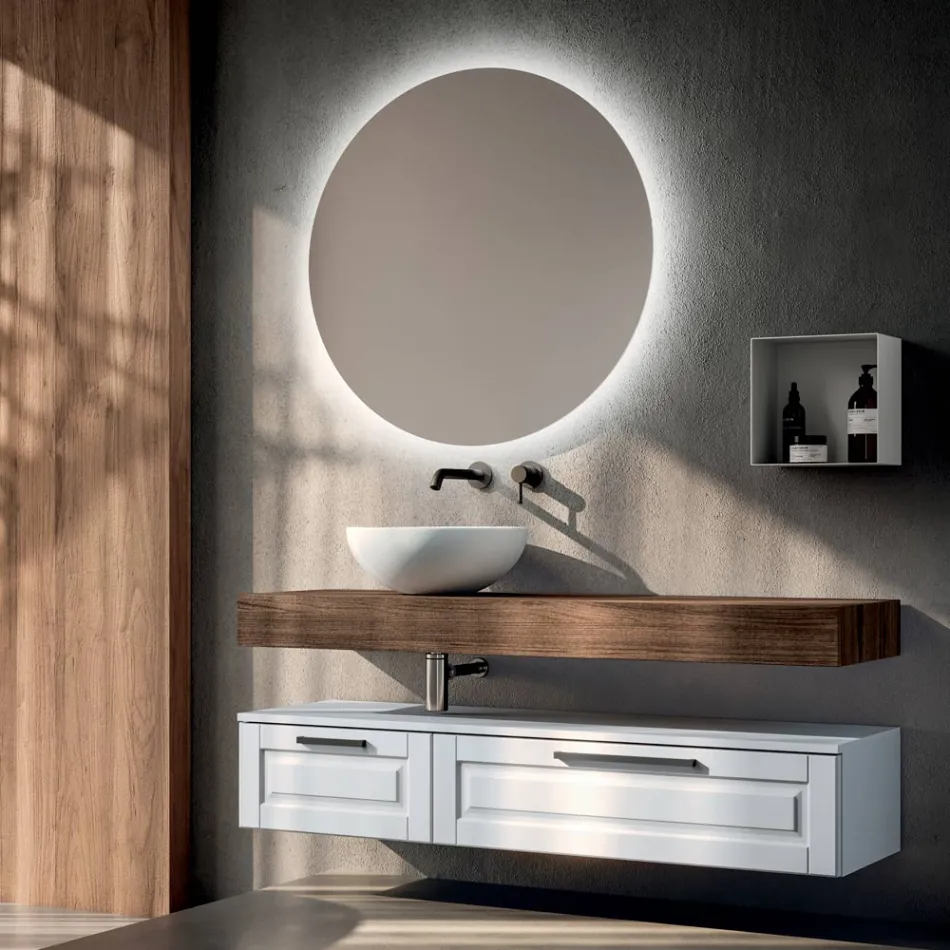 Composizione Bagno con 2 Cassetti, Specchio e Lavabo in Resina Bianca - Magnolia Viadurini