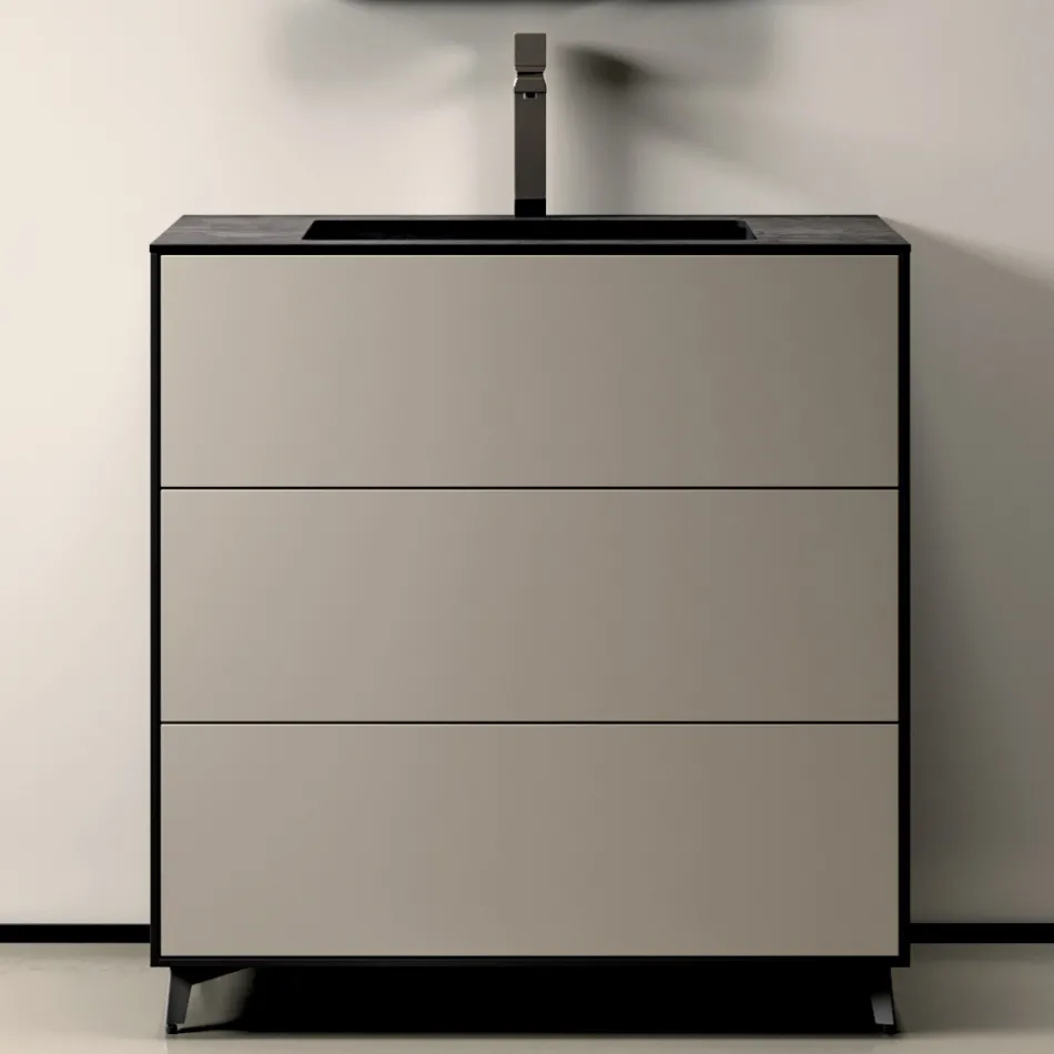 Composizione Bagno con 3 Cassetti Tortora Opachi, Specchio e Lavabo - Velaria Viadurini