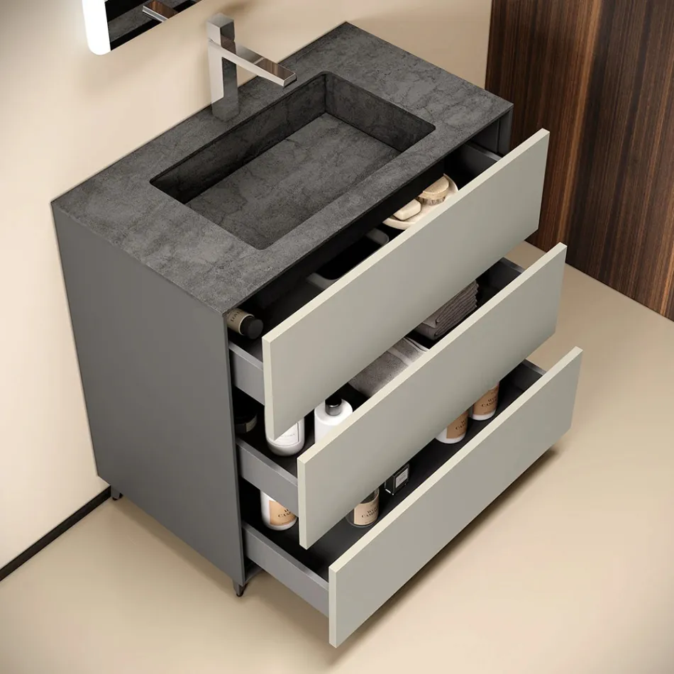 Composizione Bagno con 3 Cassetti Tortora Opachi, Specchio e Lavabo - Velaria Viadurini